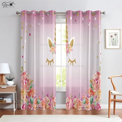 Rideaux imprimés étoiles de licorne pour cils Rideaux décoratifs dessin animé espace enfants Rideaux décoratifs espace salon étude Ornement de maison W50xH130(CM)x2PCS&Grommet Top