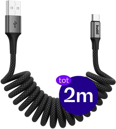 Buddi Flex | Uitrekbare USB-A naar USB-C Krul Kabel 12W Fast Charge 5V/2.4A | 480Mbps Dataoverdracht | Gevlochten Elastisch Nylon | Krulsnoer | Spiraalkabel | Voor in de auto | 2M | 2 Meter | Zwart