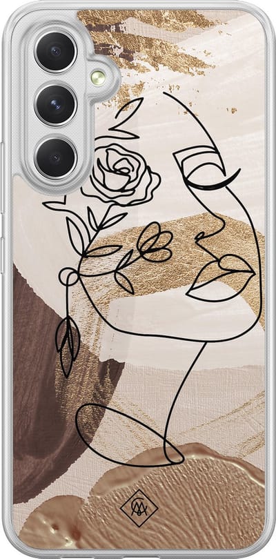Casimoda® hoesje - Geschikt voor Samsung Galaxy A54 - Abstract Gezicht Bruin - 2-in-1 case - Schokbestendig - Geometrisch patroon - Verhoogde randen - Bruin/beige, Transparant