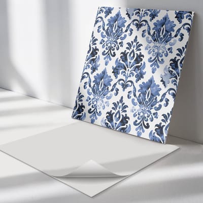 Wallfluent Vinyl Tegels - Bloemenpatroon in Barokstijl Vinyl Vloer Tegels - 30 cm x 30 cm - Blauw PVC Tegels - 9 stuks - Vierkant PVC Tegels - Patroon Plaktegels - Zelfklevende Vinyl Tegels - Plaktegels Keuken en Badkamer