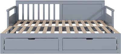 MODFU Bedframe 90x190 / 180x190 cm – Massief grenenhout grijs – Met lades & uitschuifbed – Ruimtebesparend