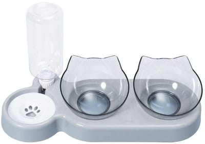 3-in-1 Kattenvoer- en Waterbak Set – Inclusief Waterdispenser, Schuine Voerbakken voor Katten & Kleine tot Middelgrote Honden, Grijs