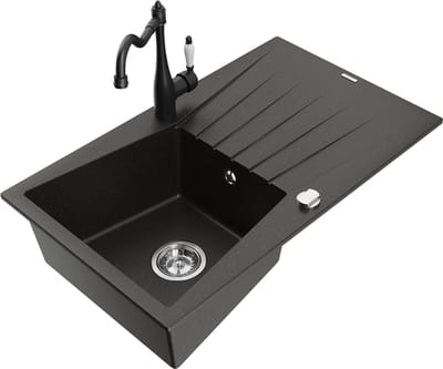 Mexen Cesar granitische spoelbak met 1 bak, afdruiprek en keukenkraan Carla, zwart/goud metallic - 6514-75-670700-70