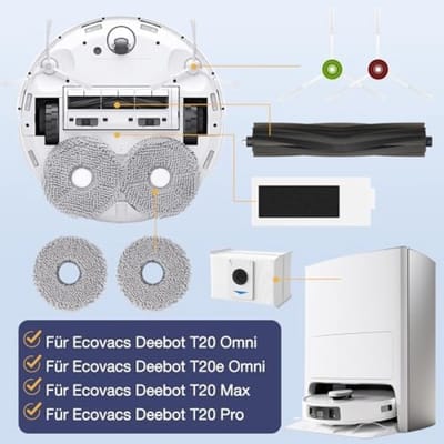 20 stuks accessoires voor Ecovacs Deebot T20 Omni / T20e Omni / T20 Max / T20 Pro robotstofzuiger, 1 hoofdborstels, 4 reinigingsdoeken, 4 Hepa-filters, 4 stofzakken, 6 zijborstels, accessoireset voor