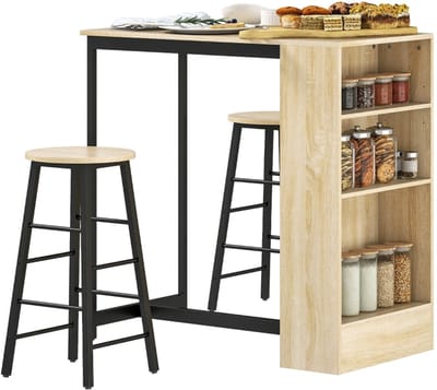 Merax Bartafel Set - Bartafel Met Opbergruimte - 2 Barkrukken Met Voetsteun - Modern Industrieel - Stalen Frame - Eikenlook - Zwart
