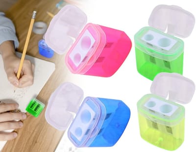 Dailygoods- Puntenslijper 4 Stuks - Transparante Houder met Deksel - Kleurrijke Schoolartikelen - Kantoorbenodigdheden - Huishoudelijke Gadgets - Betrouwbare Keuze - Potloodslijper