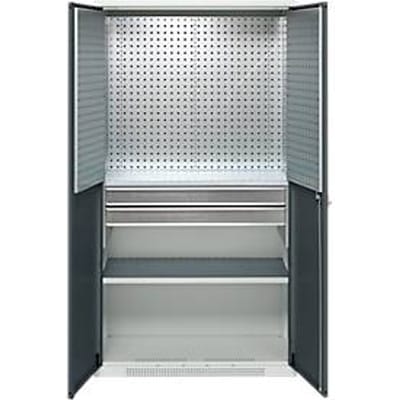 Schäfer Shop Genius materiaalkast FS, 5 OH, afsluitbaar, geperforeerde roosterwanden/2 laden/2 legborden, tot 450 kg, B 1055 x D 520 x H 1950 mm, lichtgrijs/antracietgrijs + gratis inzetbakset-24 st.