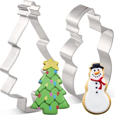 Kerst Uitsteekvormpjes set Kerstboom & Sneeuwpop - RVS Uitsteekvormen - groot formaat kerst uitsteker met Denneboom & Sneeuwman voor Koekjesdeeg en Fondant