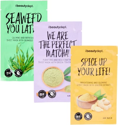 The Beauty Dept. Sheet mask - Koreaanse Gezichtsmasker - Set van 3 | 3x 20ml - Zeewier - Matcha - Gember | Korean Beauty Sheetmask - Hydraterend - Verzachtend - Herstellend