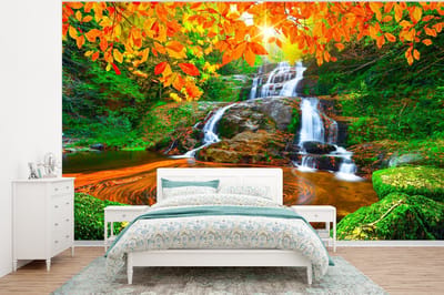 Behang - Fotobehang Natuur - Waterval - Stenen - Mos - Bladeren - Groen - Breedte 350 cm x hoogte 260 cm