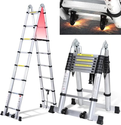 Telescopische ladder 5,0 m - Multifunctionele vouwladder met rol, max 150 kg, licht aluminium met veiligheidselementen