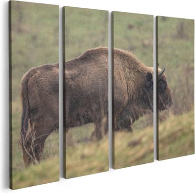 Artaza Canvas Schilderij Vierluik Bizon in het Gras - 80x60 - Foto Op Canvas - Canvas Print