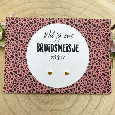 Kaart bruidsmeisje vragen met gouden oorknopjes - Wil jij ons bruidsmeisje zijn? Kleur