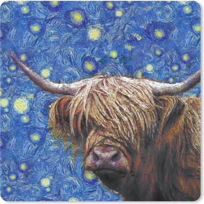 Muismat 20x20 cm - Mousepad Van Gogh - Sterrennacht - Schotse hooglander - Muismatten