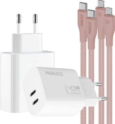 Phreeze usb C oplaadset 40 W - Geschikt voor iPhone 14 13 12 11 X en iPad met Lightning kabel roze - Snellader met 2 kabels