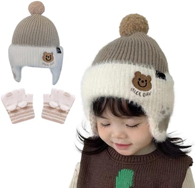 Dailygoods- Babymuts Berenmotief - Zachte Bivakmuts - Fleece Gevoerd - Met Pompon - Voor 0-24 Maanden - Inclusief Babyhandschoenen - Babyhoed