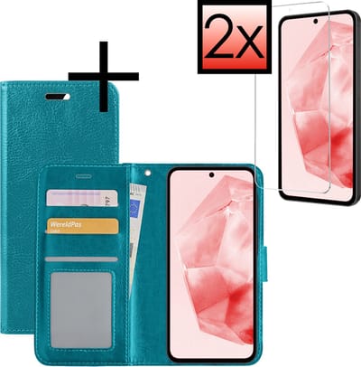 Hoesje - Met 2x Screenprotector - Geschikt voor Samsung Galaxy A35 - Luxe Pasjeshouder - Bookcase Portemonee - Flip Case - Kunstleer Book Case - Flipcase Hoes - Book Cover - Walletcase - Portemonneehoes - Turquoise