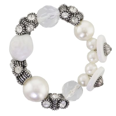 Behave - Witte Elastische Armband met Keramiek, Glas Kralen en Kristal Steentjes