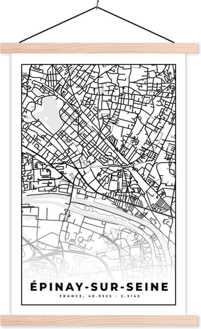 Posterhanger incl. Poster 40x60 cm - Schoolplaat - Stadskaart - Plattegrond - Kaart - Frankrijk - Épinay-sur-Seine - Zwart wit - Textielposter - Blanke latten - Stadskaart