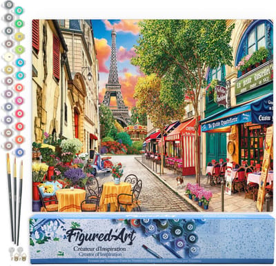 Figured'Art Schilderen op Nummer Volwassenen canvas Straat in Parijs - Handwerk acrylverf Kit DIY Compleet - 40x50cm zonder frame
