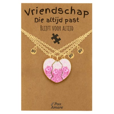 BFF Ketting voor 3 'Vriendschap die altijd past' - Magnetisch Glitter Hartje Roze - Vriendschapsketting op Cadeau Kaartje - 45cm + 5cm verstelbaar - Goudkleurig - Best Friends Hanger - Pax Amare