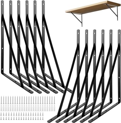 12 Stuks Zwarte Metalen Hoeksteunen voor Planken, Stevige DIY Beugels voor Wandmontage, Werkbank en Opslagrekken
