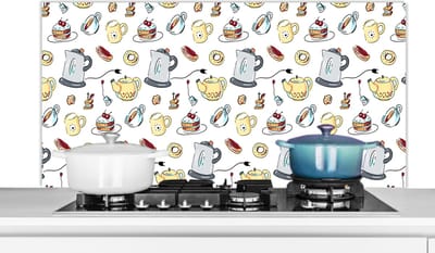 Spatscherm keuken 120x60 cm - Kookplaat achterwand Patronen - Thee - Taart - High tea - Muurbeschermer - Spatwand fornuis - Hoogwaardig aluminium