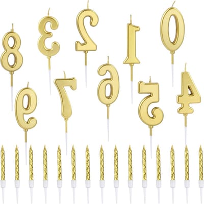 Set van 10 Verjaardagskaarsen met Cijfers 0-9 en 20 Spiralkaarsen met Houder voor Feestelijke Taartdecoratie en Bruiloften (Goud)