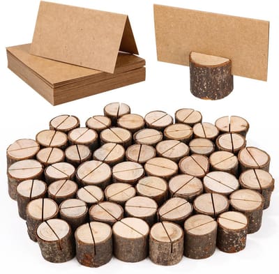 50 Houten Kaarthouders met Kraft Papier Kaartjes voor Bruiloft en Feestdecoratie