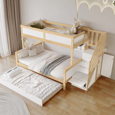 MODENUIT Stapelbed 90x200 cm en 120x200 cm – Met uitschuifbed 90x190 cm – Opbergtrap en kast – Zonder matras – Wit en Naturel