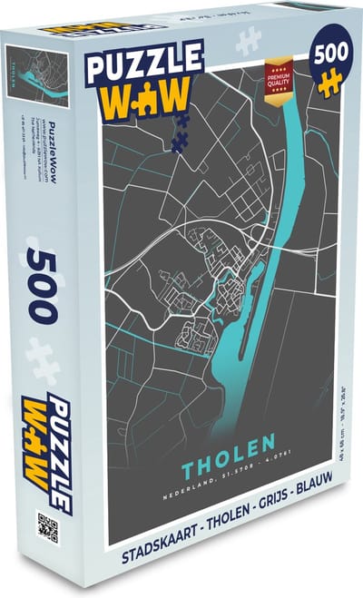 Puzzel Stadskaart - Tholen - Grijs - Blauw - Legpuzzel - Puzzel 500 stukjes - Plattegrond