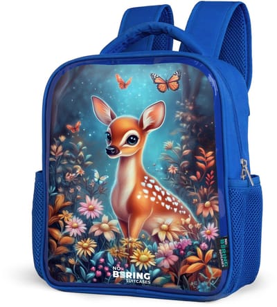 NoBoringSuitcases.com® - Rugzak blauw - Schooltas jongens - Hertje tussen bloemen in betoverend bos - Kinder rugtas jongen - Boekentas kind - Kinderrugzak voor school - Schoolrugzak