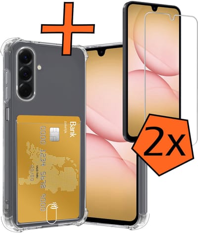 Hoes - Geschikt voor Samsung Galaxy A17 - Met 2x Screenprotector - Pashouder - Kaarthouder - Telefoon Hoesje Shockproof - Siliconen Case - Back Cover - Shock Proof - Pasjes Houder - Transparant