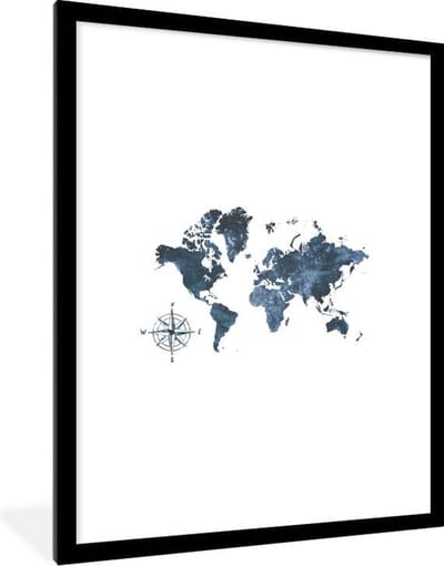 Poster in lijst - Fotolijst 60x80 cm - Posters - Wereldkaart - Blauw - Wit - Posterlijst zwart - Decoratie - Wanddecoratie woonkamer - Muurdecoratie slaapkamer