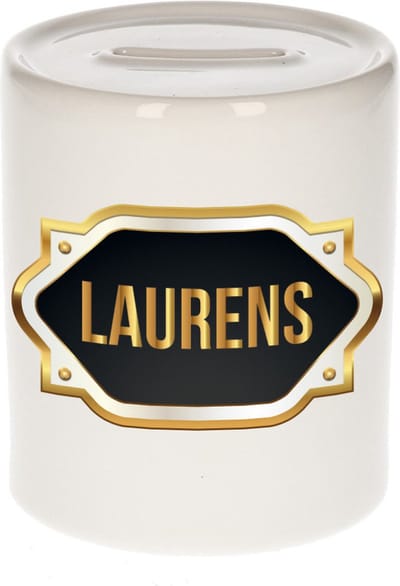 Spaarpot met voornaam Laurens - wit - met goud/zwart embleem - 8 x 9 cm - keramiek - met afsluitdop - cadeau verjaardag