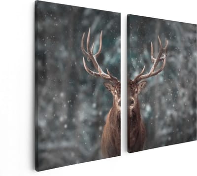 Artaza Canvas Schilderij Tweeluik Hertenkop - Hert In De Sneeuw  - 80x60 - Foto Op Canvas - Canvas Print