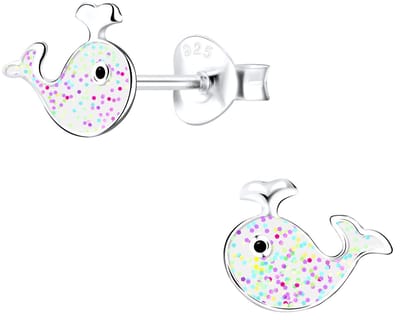 Joy|S - Zilveren walvis oorbellen - glitter witte vis oorknoppen - 11 x 8 mm