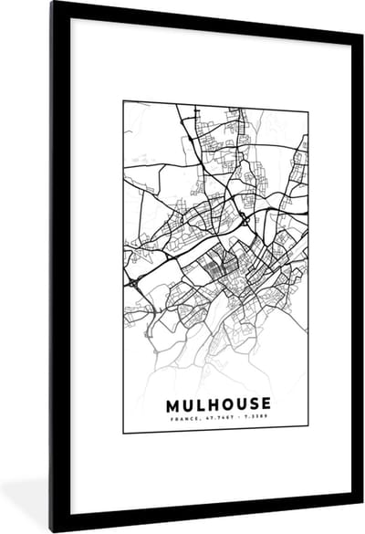 Fotolijst incl. Poster Zwart Wit- Frankrijk - Mulhouse - Kaart - Plattegrond - Stadskaart - Zwart wit - 80x120 cm - Posterlijst