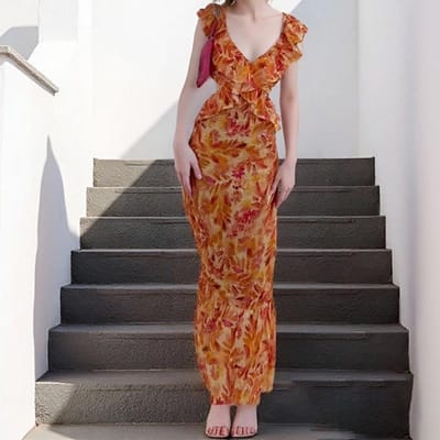 Nieuwe Rugloze Jurk met Print V-hals Nieuwe Ruche Stijl 3XL