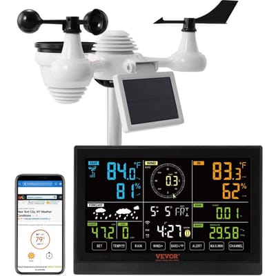 Station Météo Wi-Fi 7-en-1, Écran Couleur 7,5 Pouces, Station Météo Domestique Intérieur Extérieur, avec Capteur Extérieur Sans Fil Solaire Alertes d'Alerte, pour