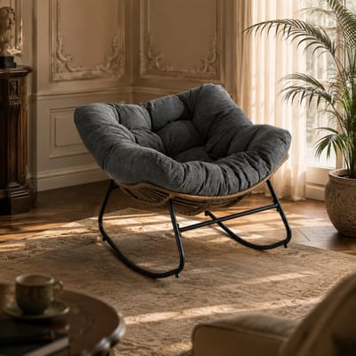 Schommelstoel - Ergonomische Papasan stoel - Relaxstoel - Chenille stof - Fauteuil - Loungestoel - Rotan Relaxstoel - Grijs