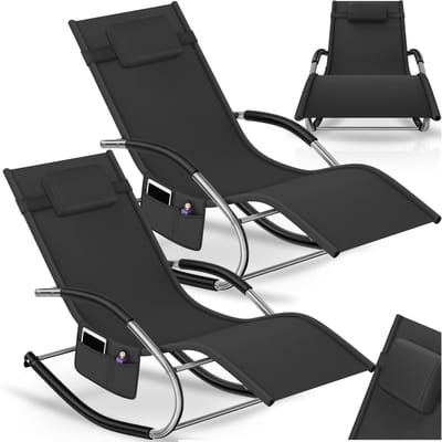 tectake® Ligstoelen Set van 2 – Ergonomische Ligbedden met Schommelfunctie – Relaxstoelen met Hoofdsteun, Armleuningen en Opbergvak – Draagvermogen 120 kg – Zwart