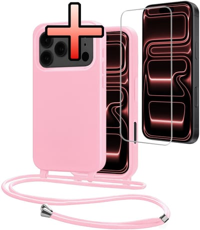 Hoes Geschikt voor iPhone 17 Pro Met Telefoonkoord Met Screenprotector - Siliconen Hoesje Backcover Met Ketting - Lichtroze