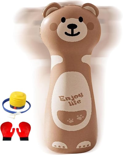 Opblaasbare Bokszak - Kinder Bokspaal - Binnen Trainen - Inclusief Handschoenen Pomp - 119 Cm Hoog - Bruine Beer