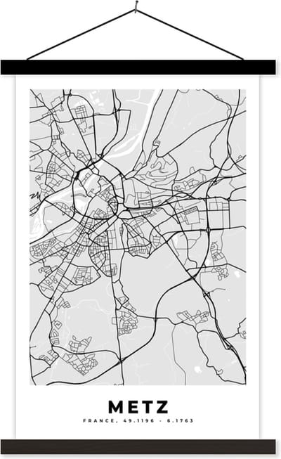 Posterhanger incl. Poster 40x60 cm - Schoolplaat - Plattegrond - Metz - Stadskaart - Kaart - Frankrijk - Textielposter - Zwarte latten - Stadskaart