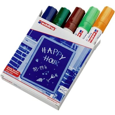 edding 4090 krijtmarker - diverse kleuren - 5 raamstiften - beitelvormige punt 4-15 mm - raamstiften voor borden, ruiten, glas, spiegels - krijtstift voor ramen zijn afwasbaar en uitwisbaar