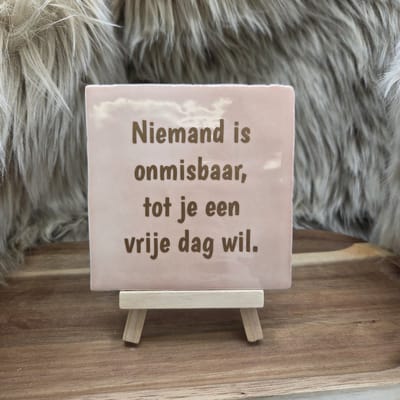 Robuust wenstegeltje – “Niemand is onmisbaar, tot je een vrije dag wil.” – Trendy nu – Wanddecoratie – Cadeau voor Collega, Baas of voor zomaar – Zomaar – Decoratief Tegeltje met Standaard – Stijlvol en Persoonlijk Woonaccessoire