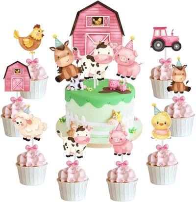 Dailygoody - Boerderij Dier Taart Decoratie - Verjaardagstaart Topper - Roze - Cupcake Topper - Boerderij Dier Thema - Geschikt voor Baby Shower en Ve