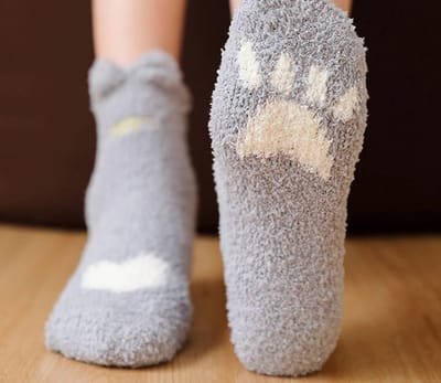 Fluffy sokken dames - grijs - print kat - met leuke oren - huissokken - winter sokken - dikke warme sokken - 36 - 40 - cadeau - voor haar
