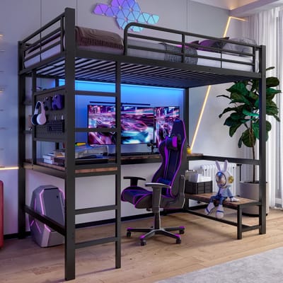 MODFU – Hoogslaper met Bureau & Opbergrekken – 90x200 cm – LED & USB-C – Ruimtebesparend voor Student – Metaal en MDF – Zwart